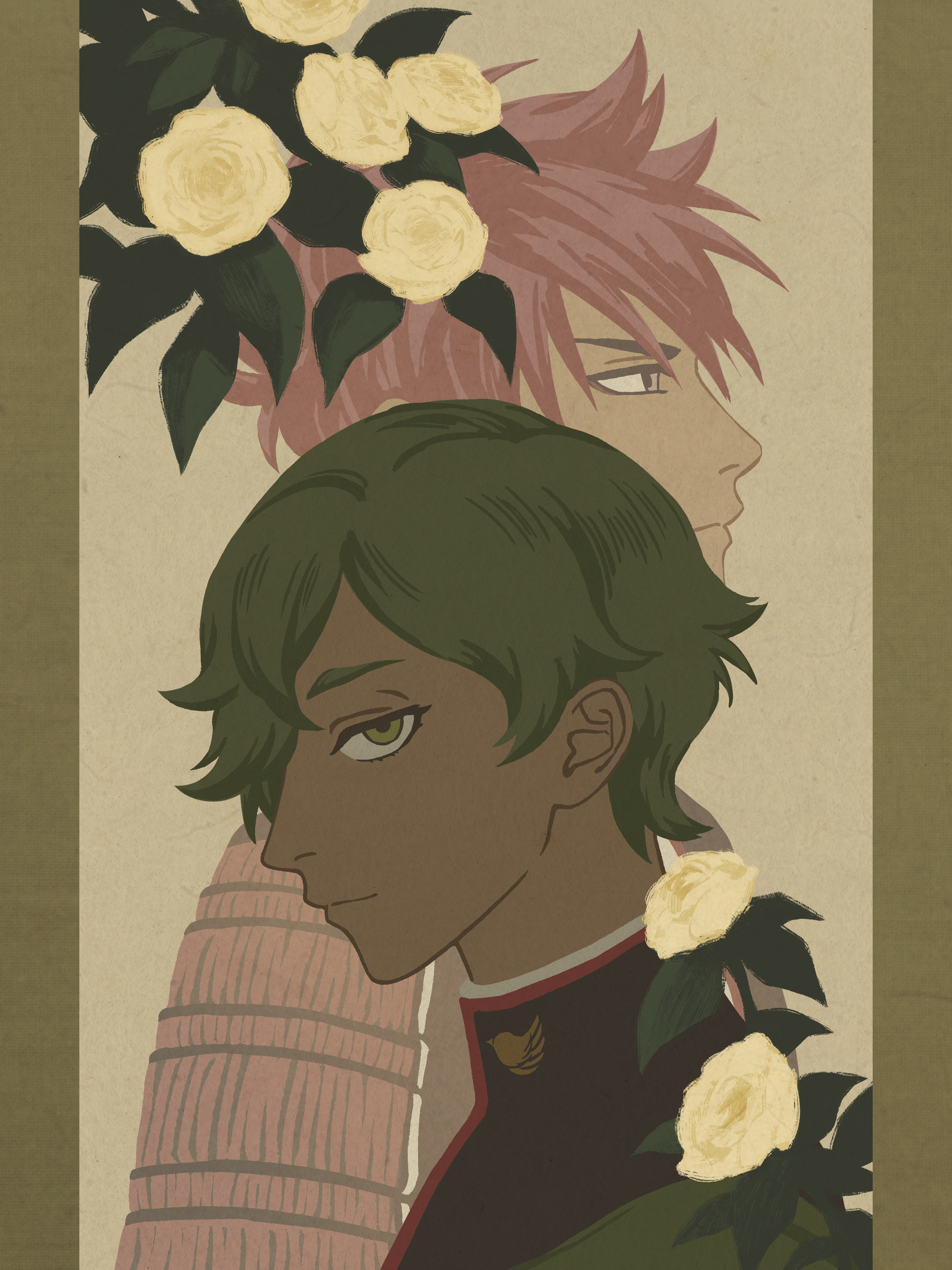 uguisumaru and ookanehira framed by yellow camellias